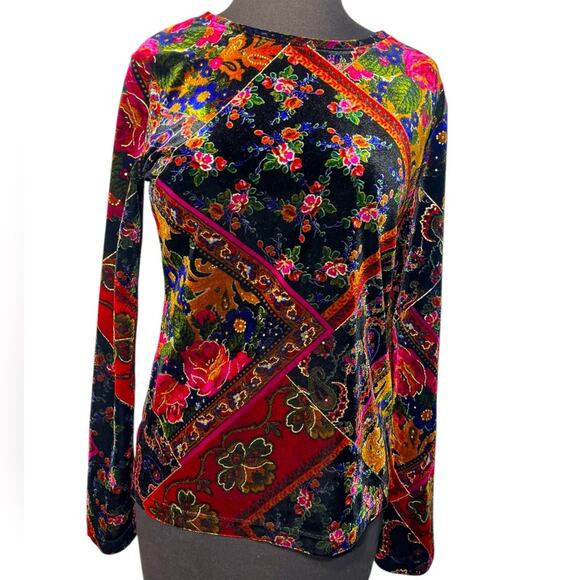 Vtg 90s Colorful Velvet Floral Boho Whimsigoth Fairy Top S Artsy Feminine - Picture 1 of 6